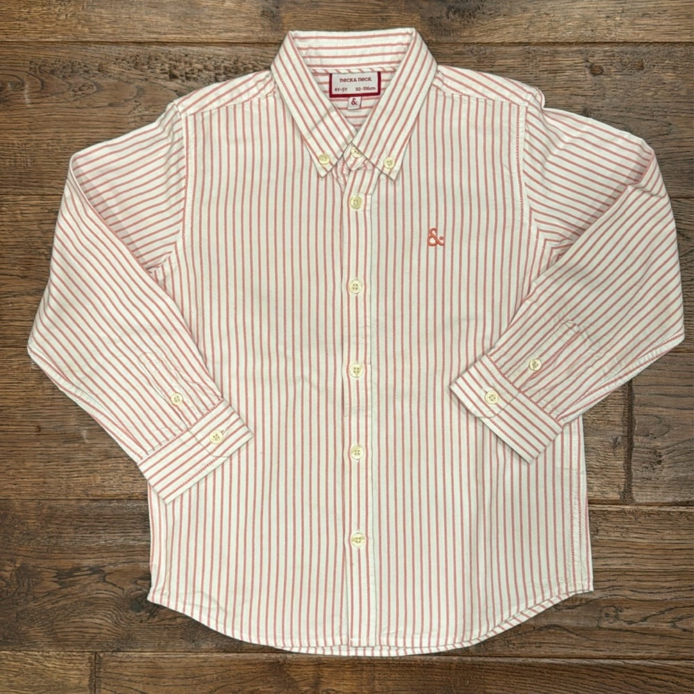 Neck & Neck - Boys’ Striped Button Down Collared Shirt - Red & White - Size:4-5T